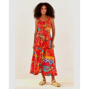 FARM Rio Midi Dress XL Red Ipanema Ruffle Sleeveless Tropical Resortwear